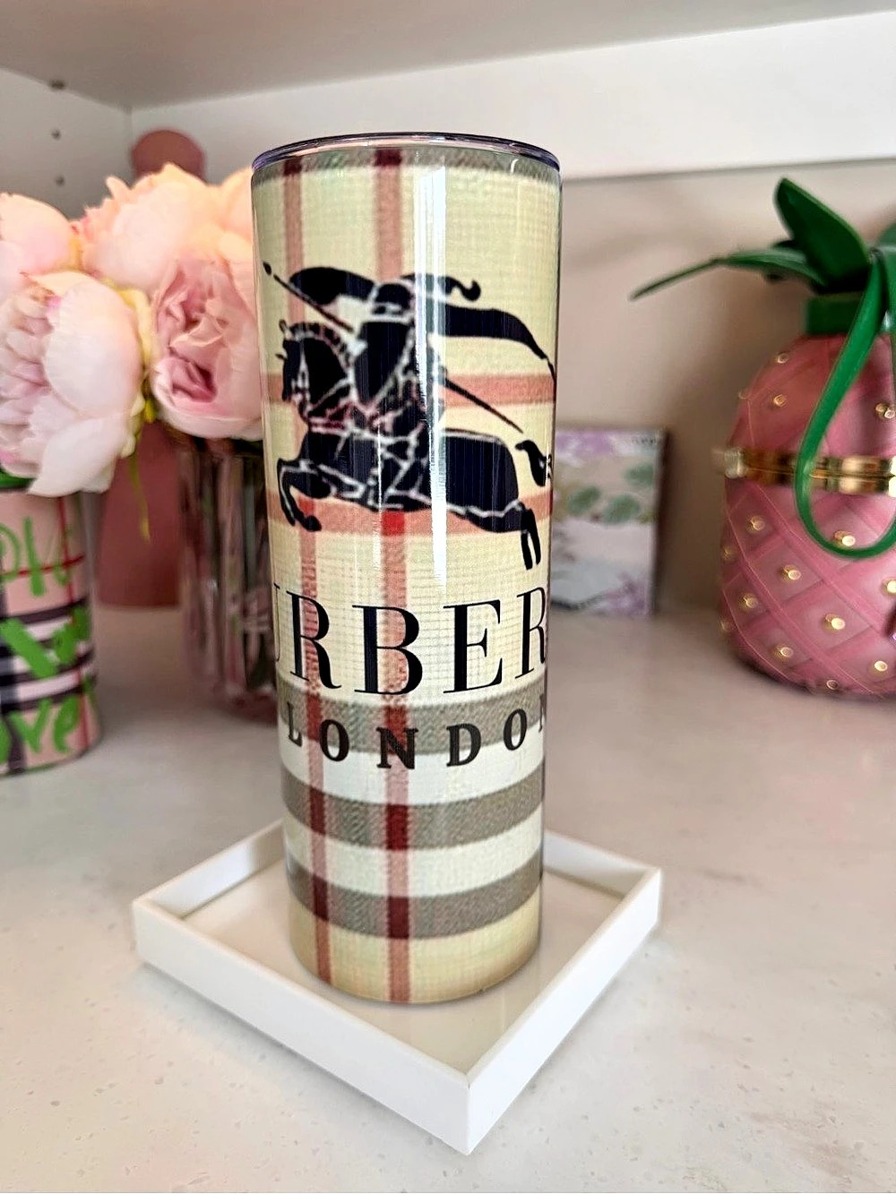 Art and Fashion Plaid Travel Tumbler in Beige & Black NIB